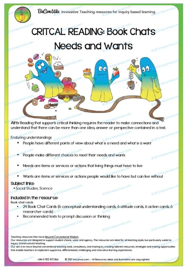 Needs and Wants book chat cards, Book Chats for students - Needs and Wants