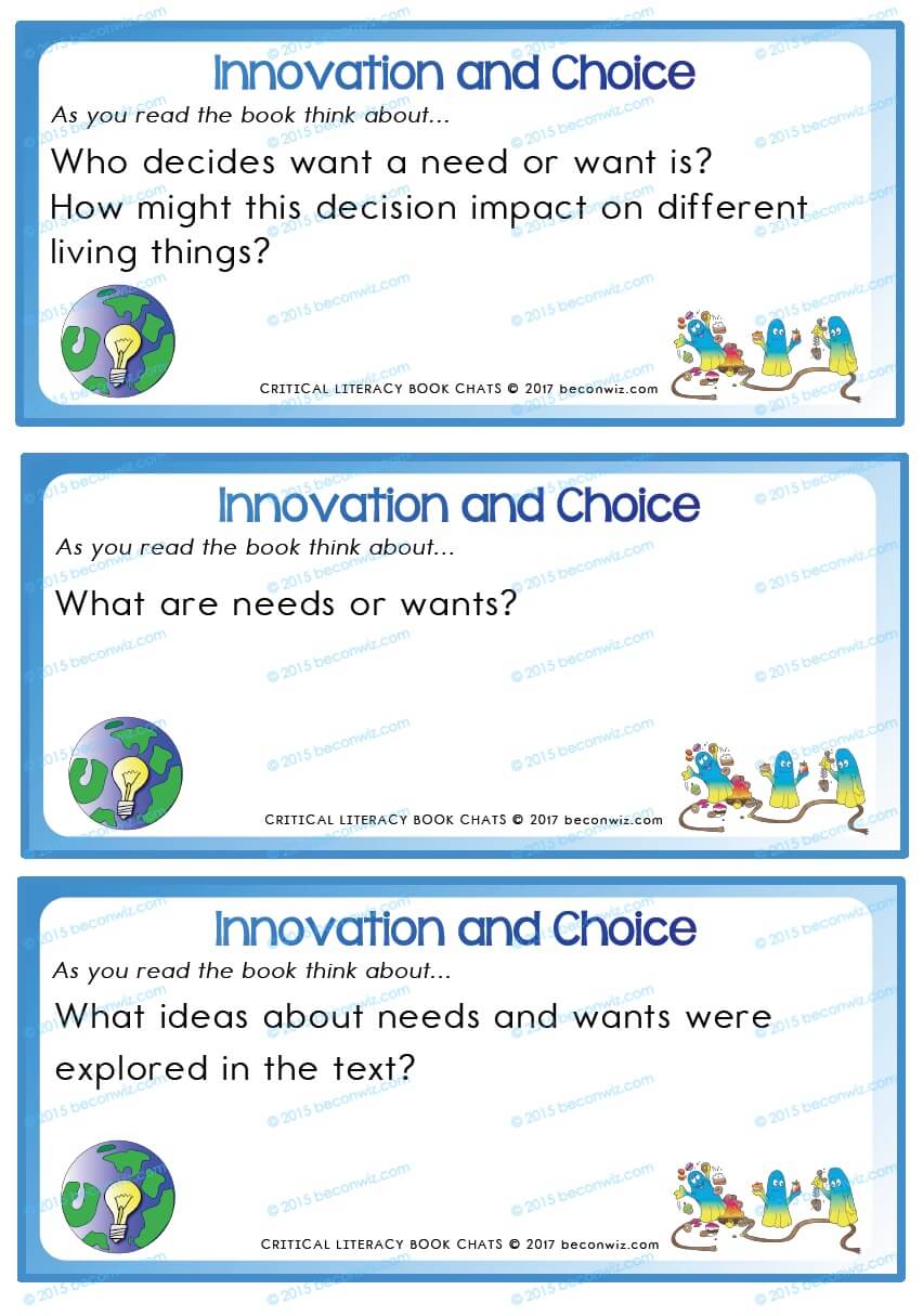 Needs and Wants book chat cards, Book Chats for students - Needs and Wants